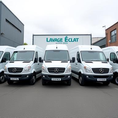 Plusieurs véhicules professionnels alignés, propres, devant Lavage Éclat